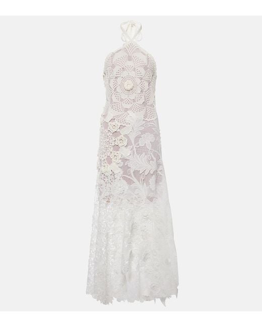 Oscar de la Renta White Crochet Guipure Lace Gown