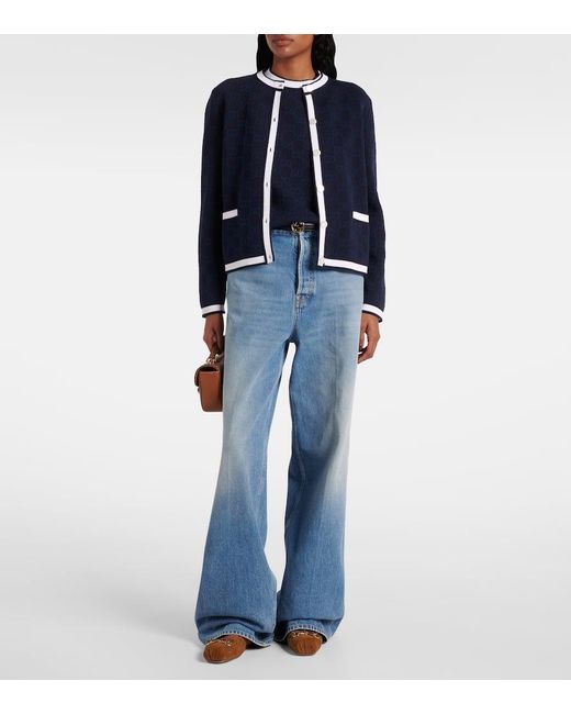 Gucci Blue Cardigan Aus Feinem Gg Baumwolljacquard, Größe