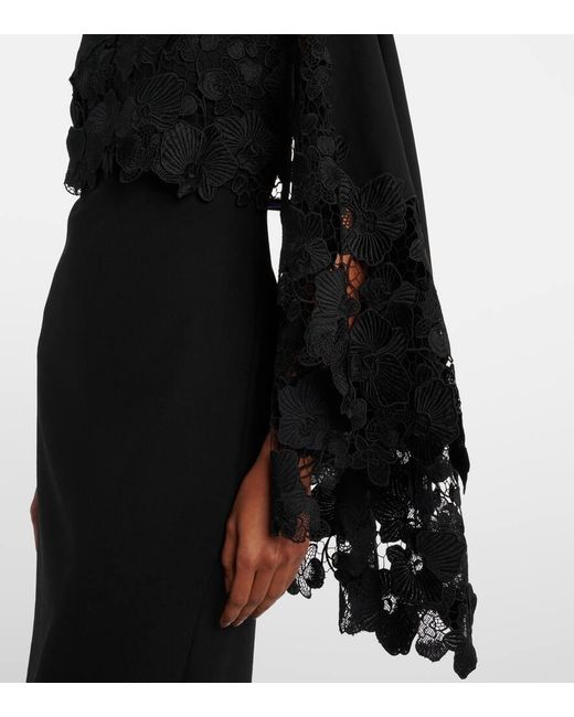 Oscar de la Renta Black Floral Guipure Wool Midi Dress