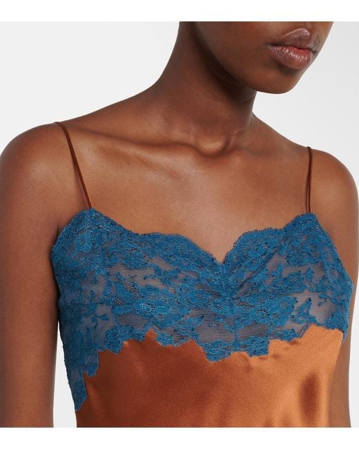 Saint Laurent Blue Lace-Trimmed Silk Satin Camisole