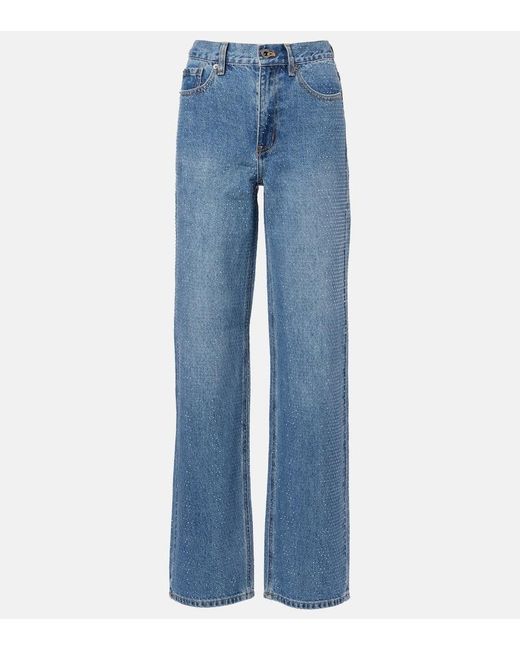 Self-Portrait Blue Embellished High-Rise Straight Jeans