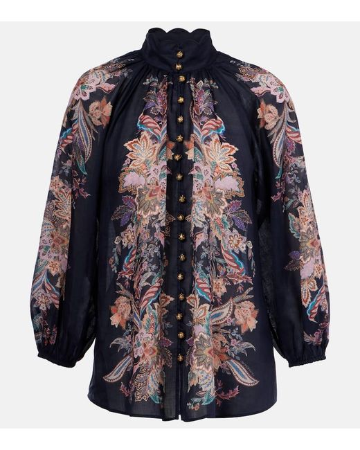 Zimmermann Blue Rhiannon Printed Ramie Blouse