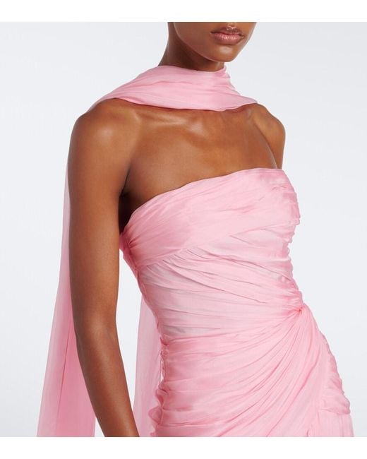 Monique Lhuillier Pink Scarf-Detail Draped Silk Bustier Gown