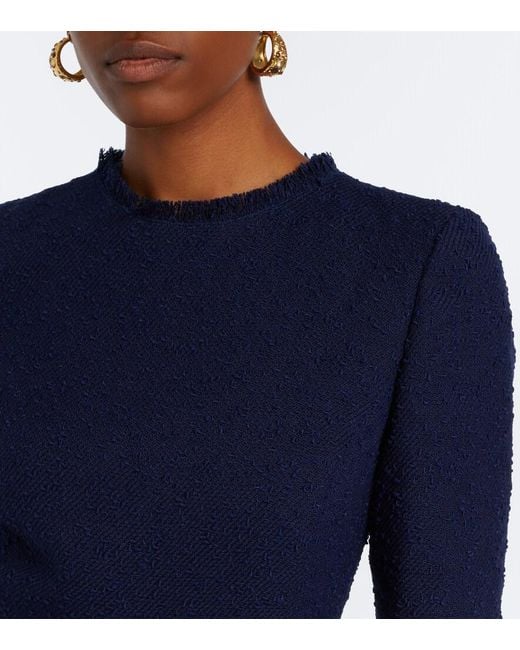 Oscar de la Renta Blue Embellished Tweed Midi Dress