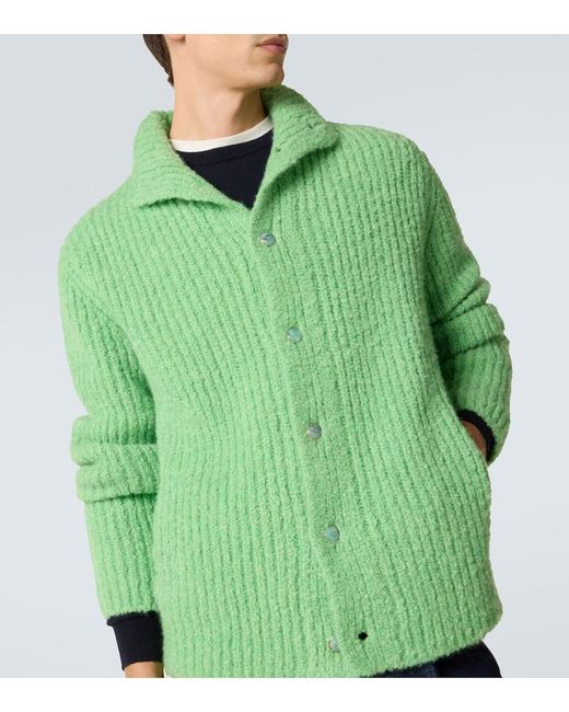 God's True Cashmere Green Ribbed-Knit Cashmere Boucle Cardigan for men