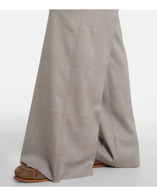 Max Mara Gray Checked Virgin Wool Wide-Leg Pants