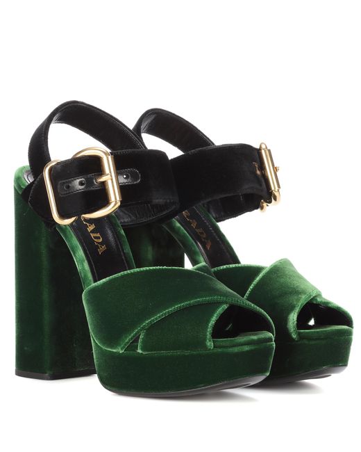 Prada Green Velvet Platform Sandals