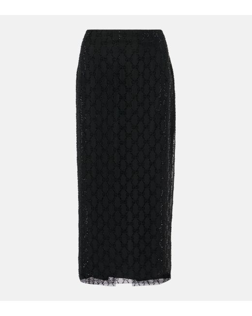 Gucci Black Gg Crystal-Embellished Tulle Midi Skirt