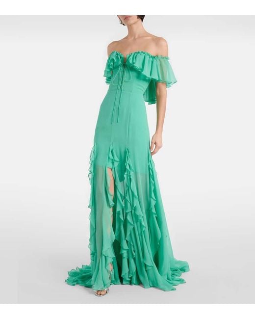 Costarellos Green Off-Shoulder Corset Silk Gown