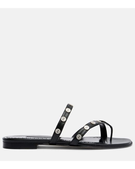 Manolo Blahnik Black Irafli Embellished Leather Thong Sandals