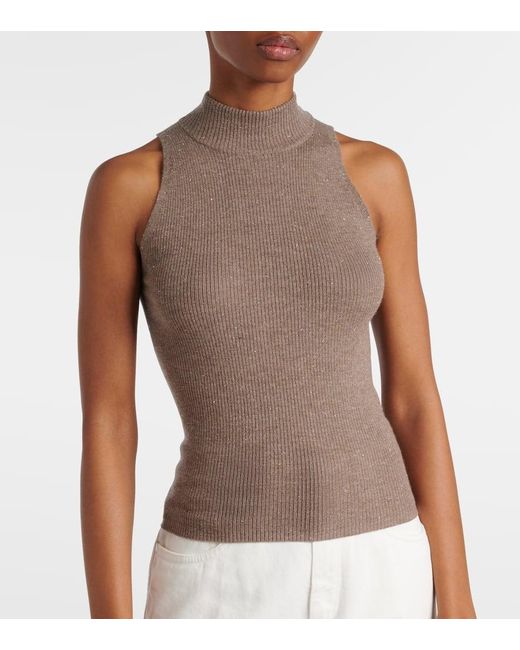Brunello Cucinelli Brown Ribbed-Knit Turtleneck Top