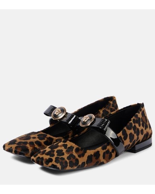 Versace Black Gianni Ribbon Calf Hair Mary Jane Flats