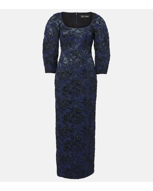 Oscar de la Renta Blue Floral Metallic-Effect Jacquard Gown