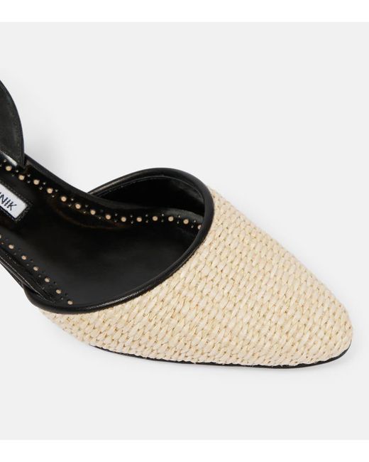 Manolo Blahnik Natural Raffro Leather-Trimmed Raffia Slingback Pumps