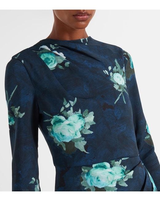 Erdem Blue Floral Stretch Cady Draped Midi Dress