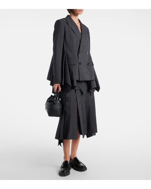 Sacai Black Prince Of Wales Check Wool Midi Skirt
