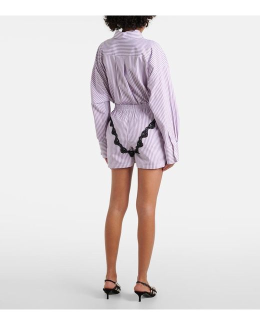 The Attico Purple Striped Lace-Trimmed Cotton Shorts