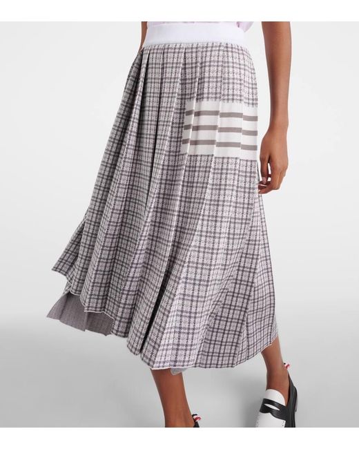 Thom Browne Gray Checked Pleated Silk And Cotton Midi Skirt
