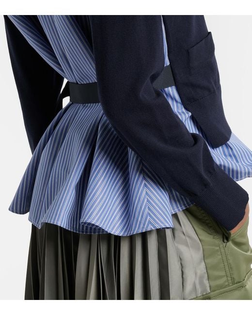 Sacai Blue Layered Striped Cotton Cardigan