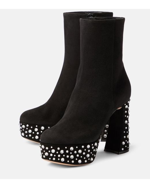 Gianvito Rossi Black Crystal Holly Suede Platform Ankle Boots