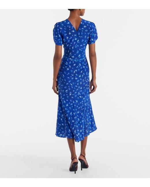Victoria Beckham Blue Bela Floral Gathered Silk Midi Dress
