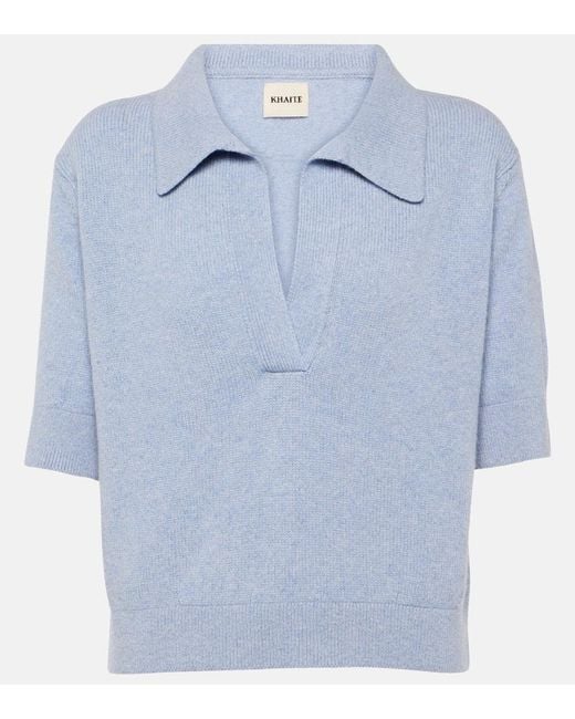 Khaite Blue Shrunken Jo Cashmere-blend Polo Sweater