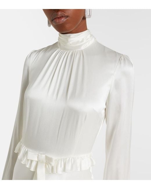 Alessandra Rich White Bow-Detail Ruffled Silk Satin Midi Dress
