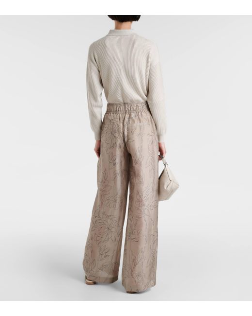 Pantalon ample en soie a fleurs Brunello Cucinelli en coloris Gray
