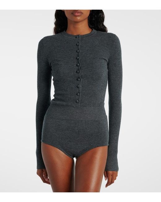 Self-Portrait Blue Ribbed-Knit Wool Bodysuit