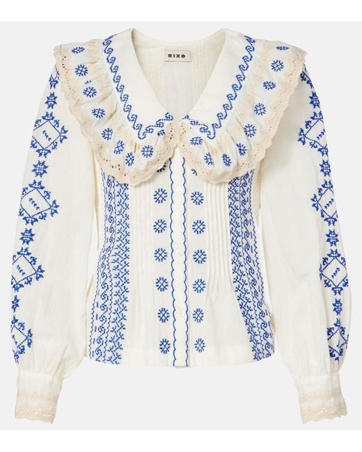 Rixo Blue Percy Embroidered Cotton Blouse