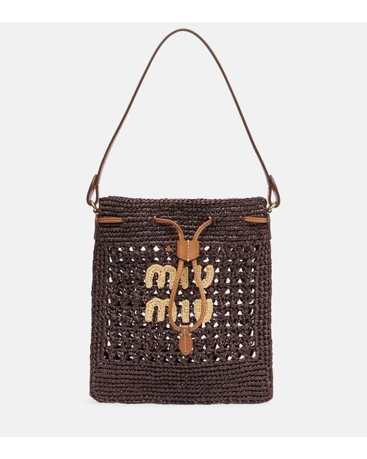 Miu Miu White Mini Logo Raffia-Effect Bucket Bag