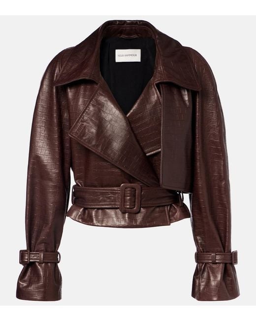 Nour Hammour Brown Hatti Croc-Effect Leather Jacket