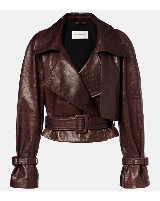 Nour Hammour Brown Hatti Croc-Effect Leather Jacket