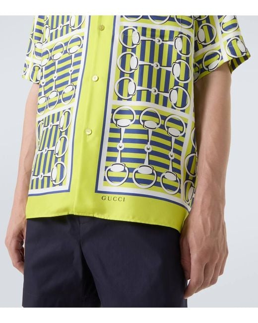 Gucci Green Printed Silk Twill Bowling Shirt for men