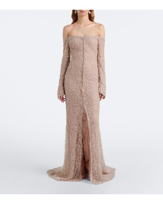 Marmar Halim Natural Sequined Lace Off-Shoulder Gown