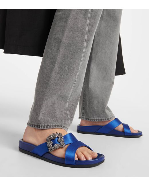 Manolo Blahnik Blue Chilanghi Embellished Satin Sandals