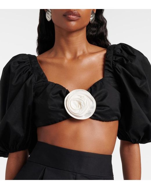 Adriana Degreas Black Floral-Applique Cotton-Blend Crop Top