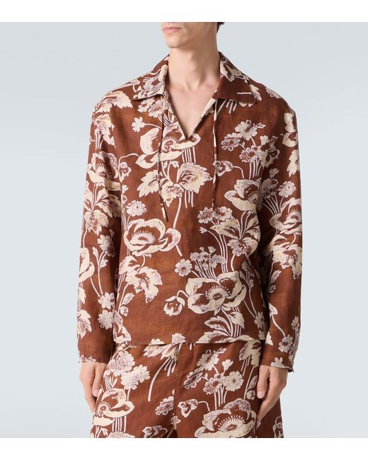 Commas Brown Floral Tie-Neck Linen Shirt for men