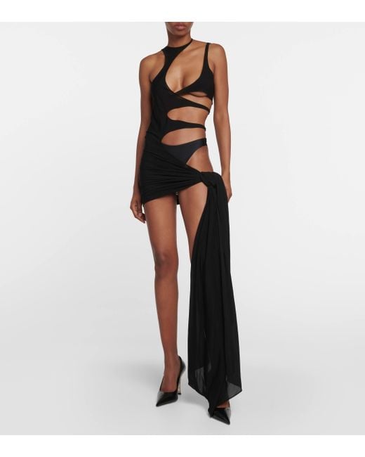 Mugler Black Asymmetric Cutout Crepe Beach Dress