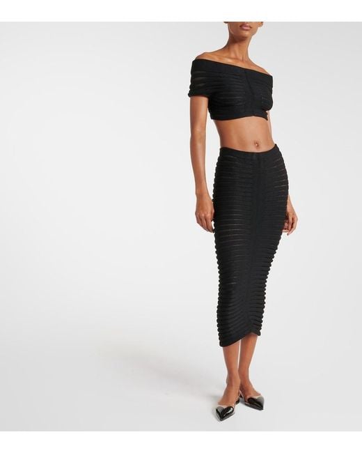 Alaïa Black Striped Textured-Knit Midi Skirt