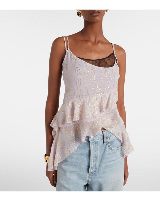 JACQUES WEI Pink Printed Ruffled Asymmetric Silk-Blend Top