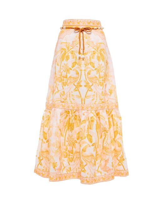 Zimmermann Lyre Printed Linen Midi Skirt in Yellow | Lyst UK