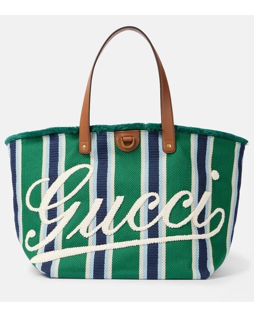 Gucci Green Large Logo Embroidered Canvas Tote Bag