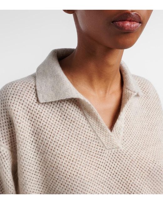 Brunello Cucinelli White Open-Knit Polo Sweater