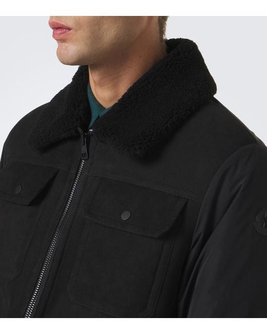Moncler Black Shearling-Trimmed Suede Down Jacket for men