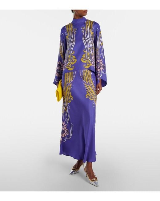 LaDoubleJ Blue Make An Exit Printed Silk Satin Blouse