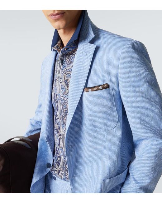 Etro Blue Woven Cotton Jersey Blazer for men