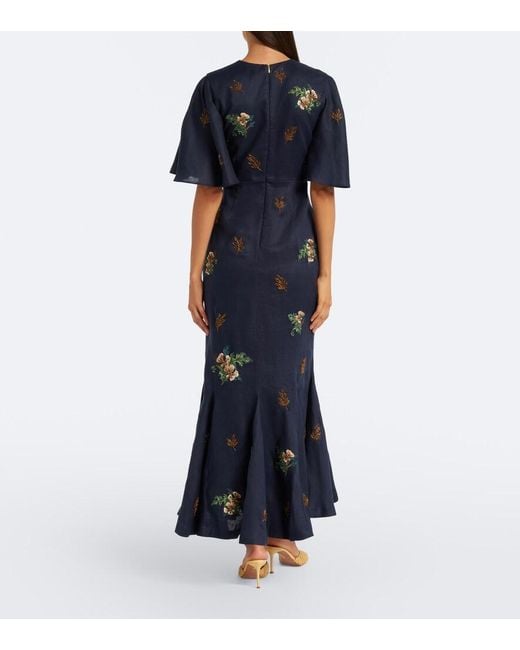 Agua Bendita Blue Ave Anhelo Floral Linen Maxi Dress