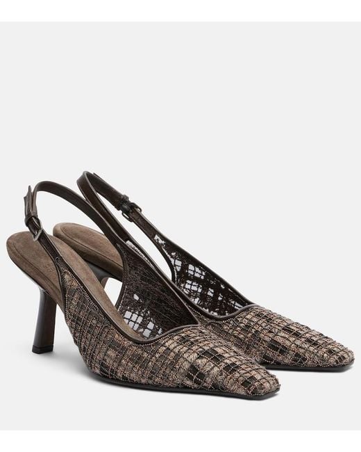 Brunello Cucinelli Brown Beaded Checked Leather-Trimmed Slingback Pumps