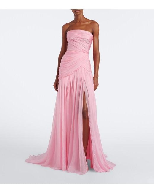 Monique Lhuillier Pink Scarf-Detail Draped Silk Bustier Gown
